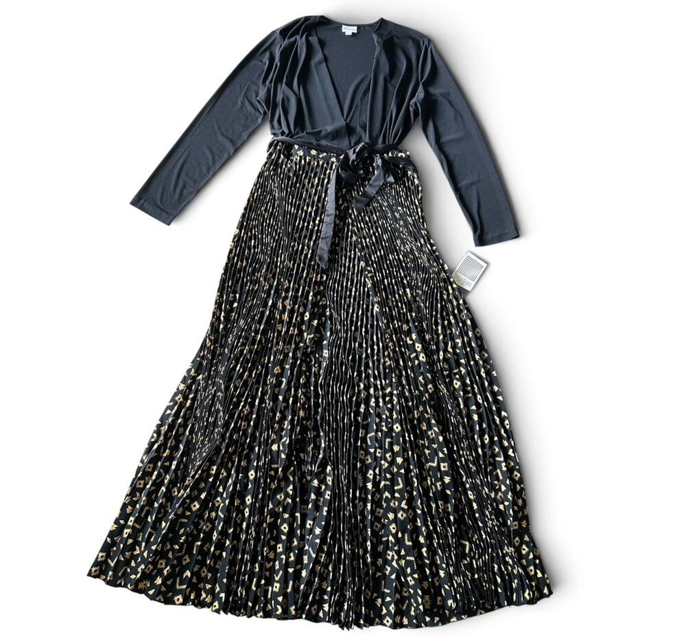 LuLaRoe DeAnne Elegant Collection 2XL Black Gold Pleated Wrap Maxi Dress NWT
